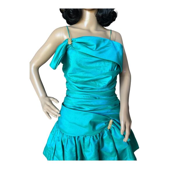 1980s Darcy Teal Iridescent Ruffled Prom Dress – Gold Accents, ILGWU small - Picture 5 of 14